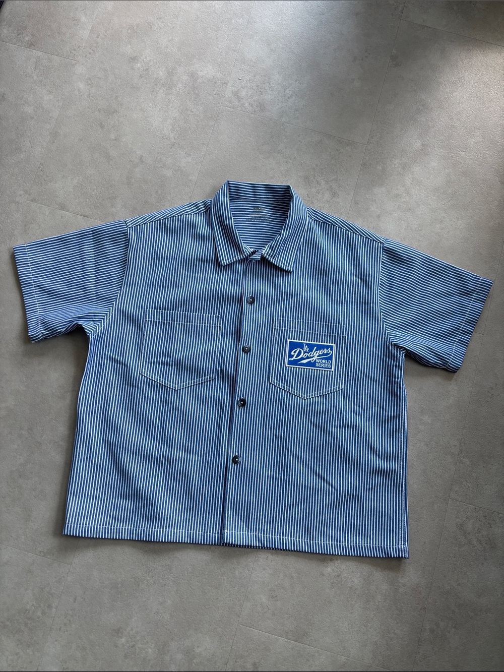 Abliss LA Dodgers Striped Short-Sleeve Button-Down Shirt with Chest Patch